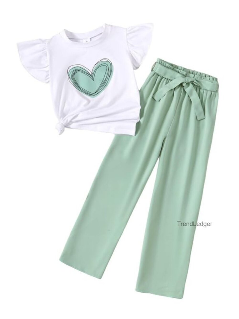 Girls 2 Piece Outfit Set Flying Sleeve Top Belted Pants Casual